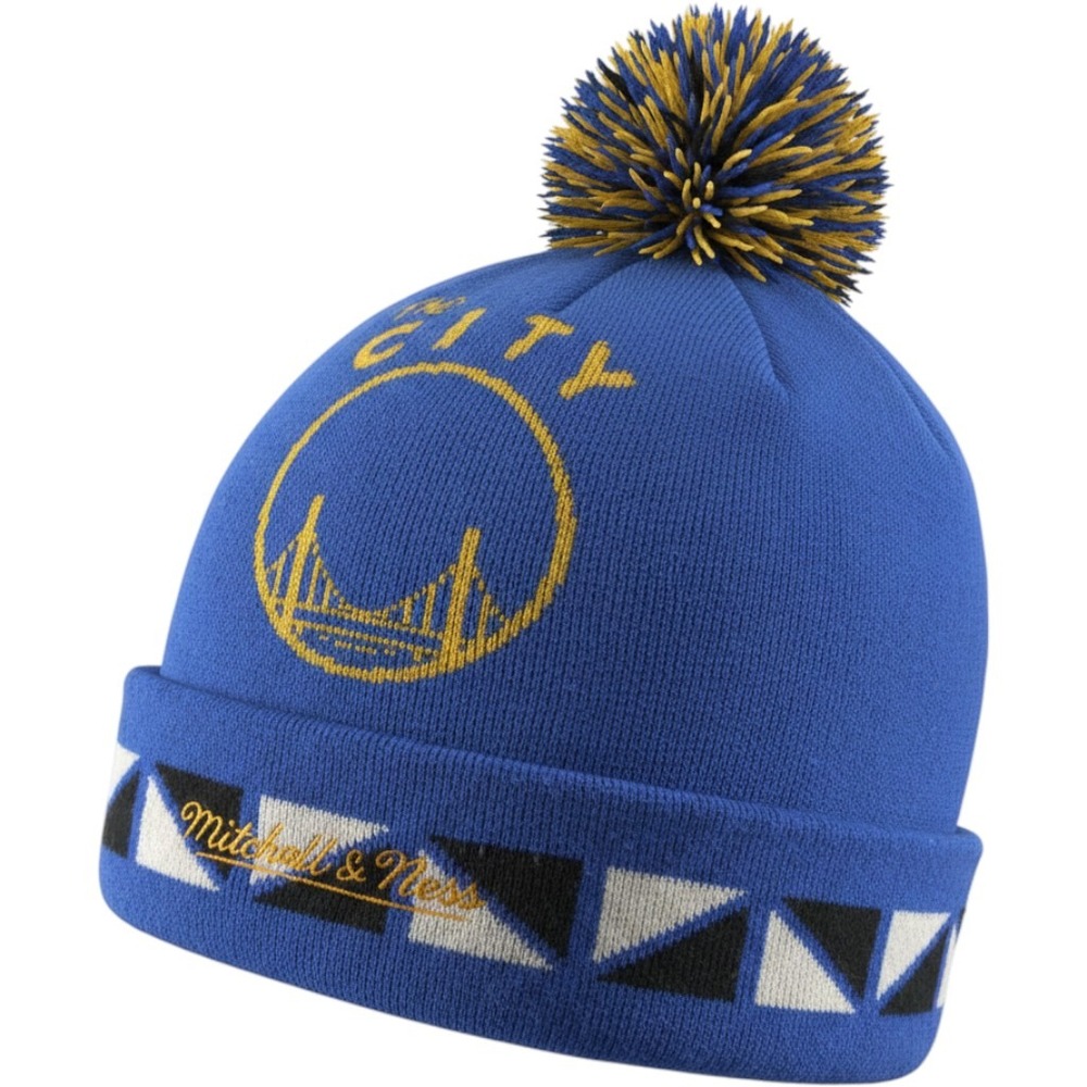 Mitchell & Ness NBA Golden State Warriors Beanie Knit Hat Winter Pom Reversible